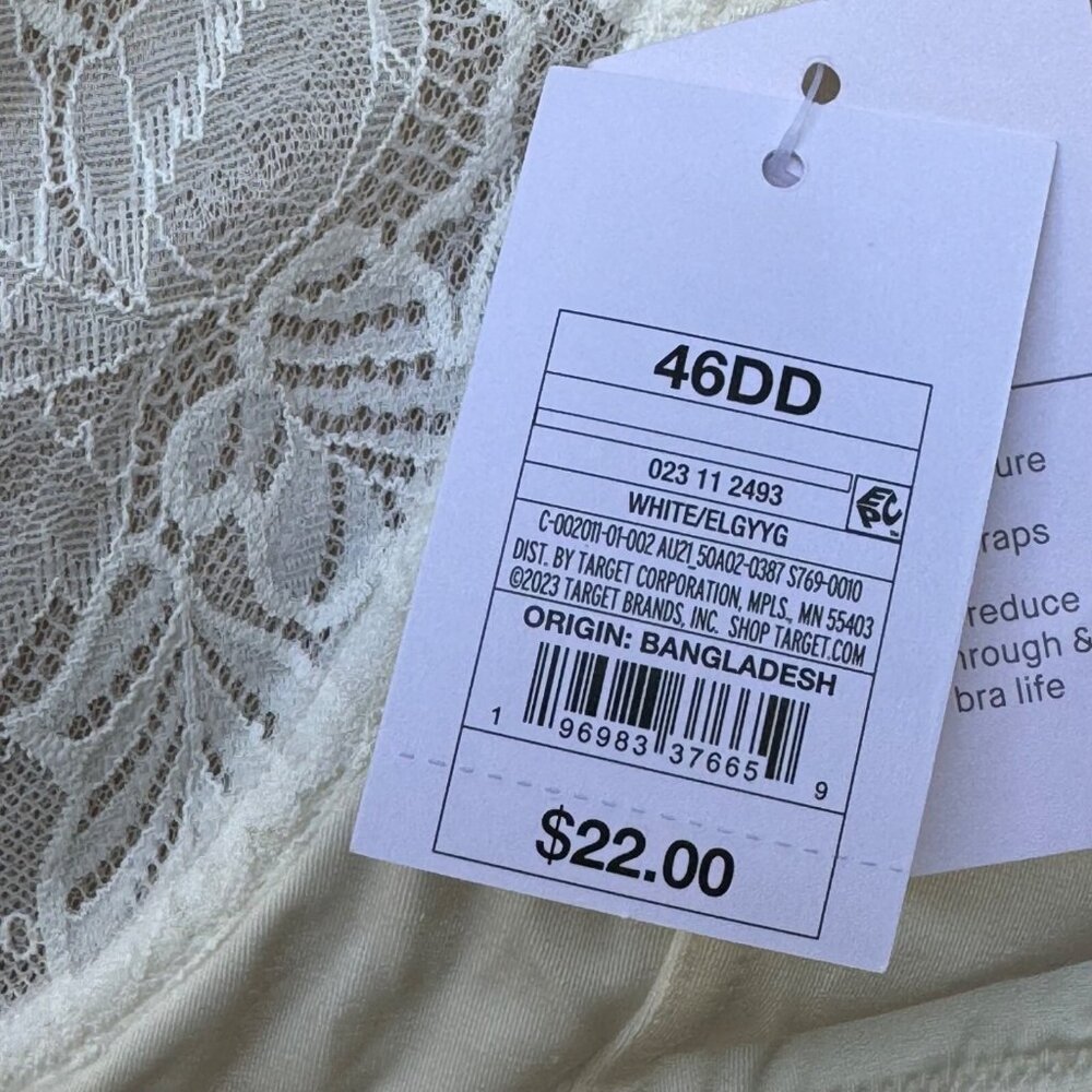 Unlined Full Coverage Underwire Bra 46DD Adjustable Straps Lace White Auden - Picture 2 of 16